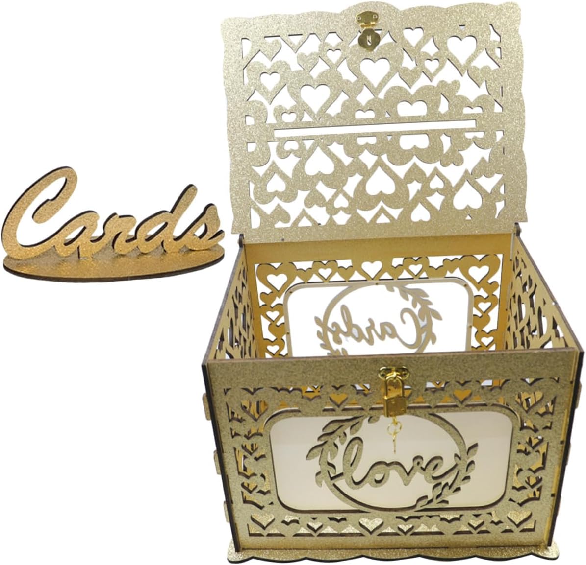 NUOBESTY Wooden Hollow Glitter Card Box for Wedding Anniversary and Birthday, Portable Blessing and Greeting Cards Holder, Hollow Storage Box for Valentine’s Day and Party Events