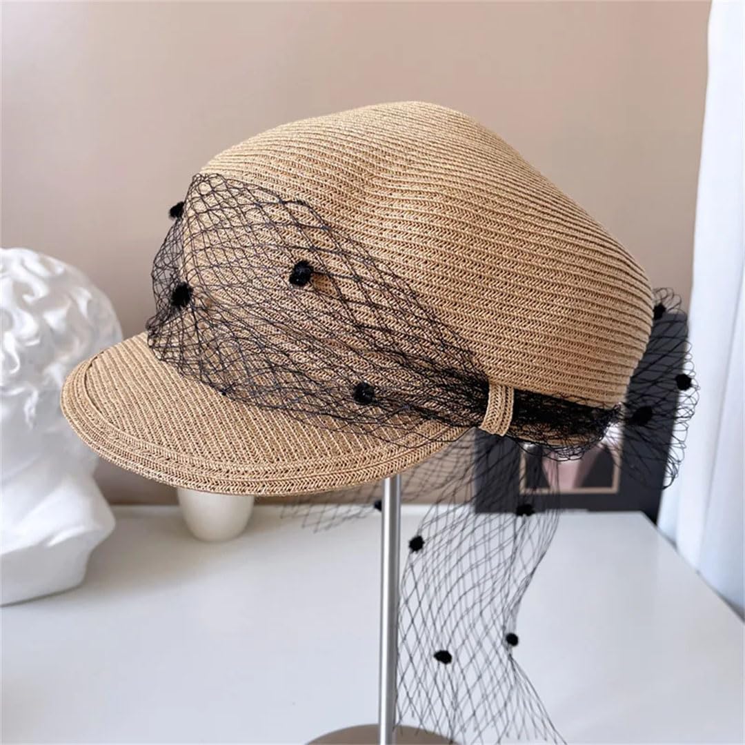 Cappello di paglia da donna in rete a pois per newsboy cappello da sole con visiera visiera curva cappello da spiaggia protezione solare