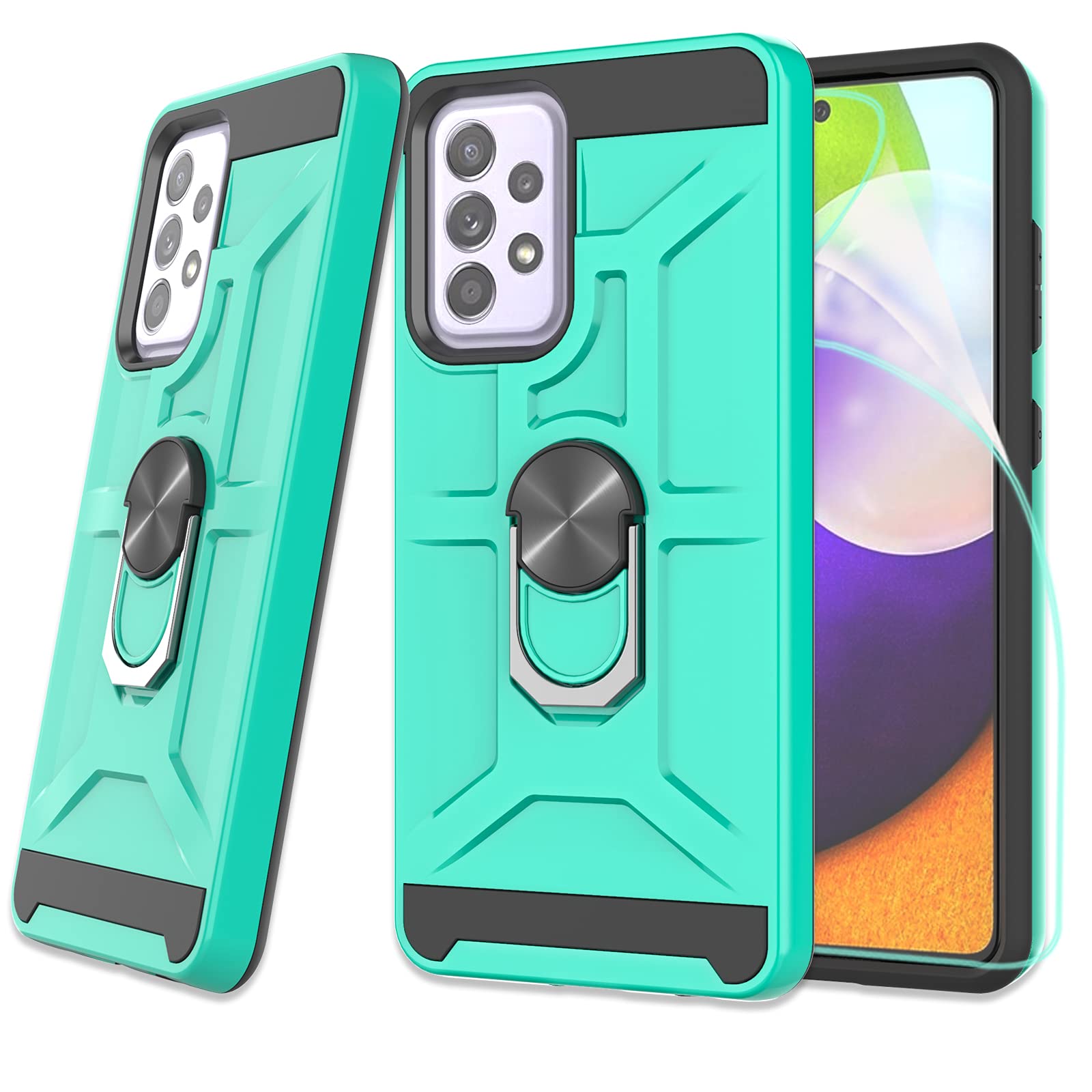 ZingCon Compatible for Samsung Galaxy A52 5G Phone Case,[HD Screen Protector] Heavy Duty Shockproof Protective Cover with Rotating Ring Kickstand Fitting Magnetic Car Mount-Mint Green