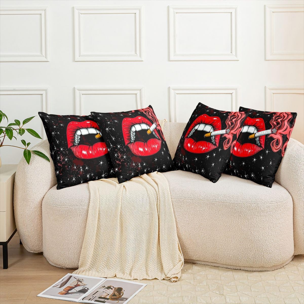 Red Lips Pattern Throw Pillow Covers (Pack of 2),Foggy Smoke Woman Cushion Cover for Kids Girls Boys Black White Starry Sky Pillow Cases Trippy Anime Style Living Room Sofa Bed Decor ,16"Lx16"W image 5