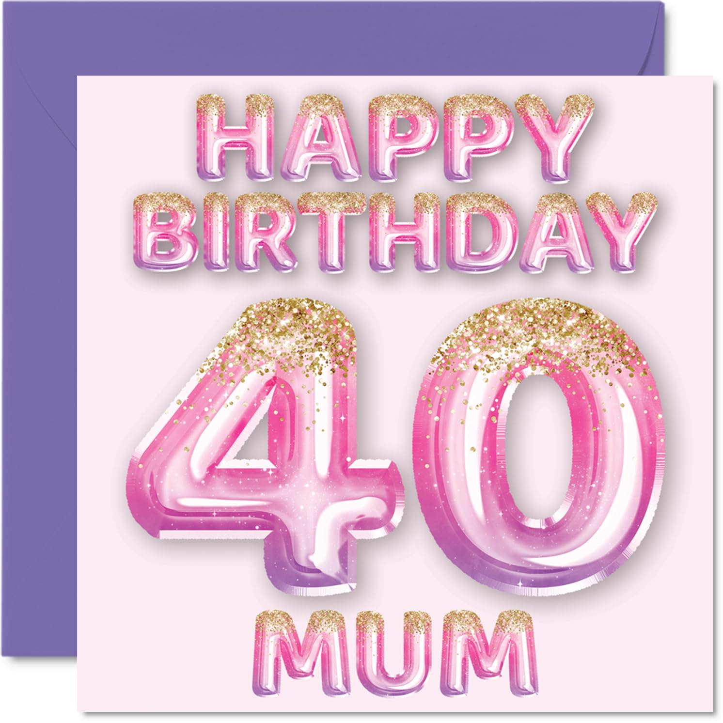 40th Birthday Card for Mum, Pink & Purple Glitter Balloons
