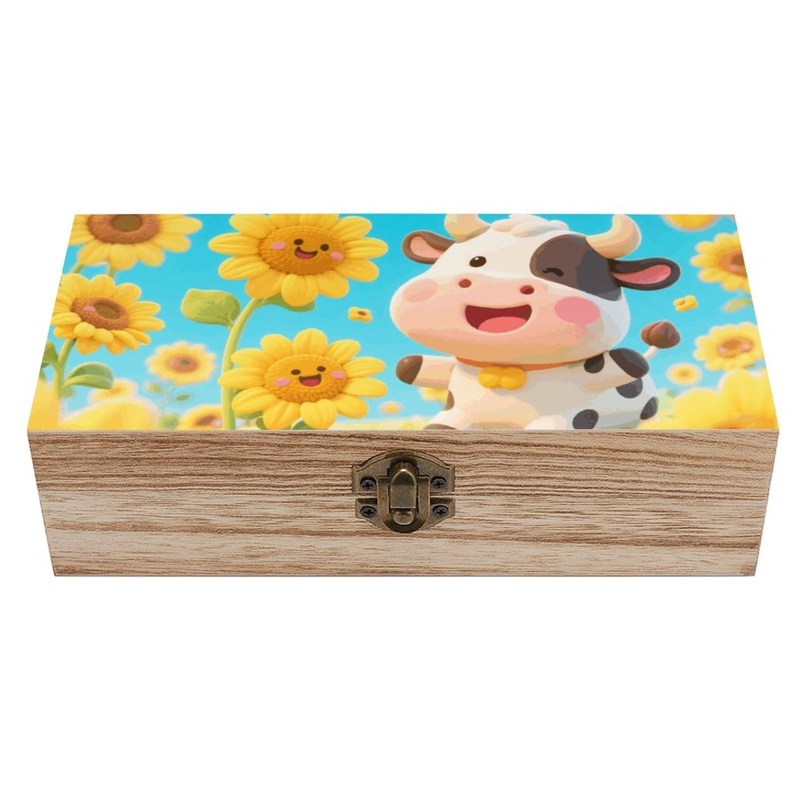 asbwuo Cow Sunflowers Wooden Keepsake Box Storage Boxes with Hinged Lid