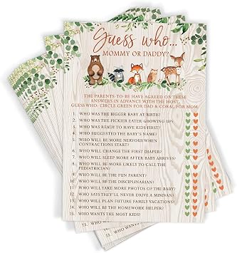 Printed Party Baby Shower Games Guess Who Mommy or Daddy Game for Boy or Girl, Woodland Forest Animals Theme, 50 Cards