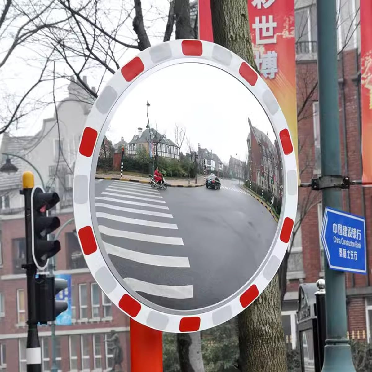Espejo de seguridad convexo con poste telescópico y luz LED, espejo de esquina acrílico de alta durabilidad para estacionamiento, almacén, seguridad de oficina, 80 cm