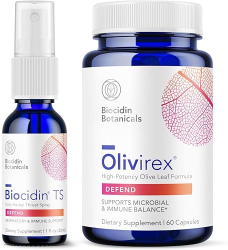 Bio-Botanical Research Biocidin Throat Spray + Olivirex Olive Leaf Extract Bundle para apoyo inmunológico (2 productos)