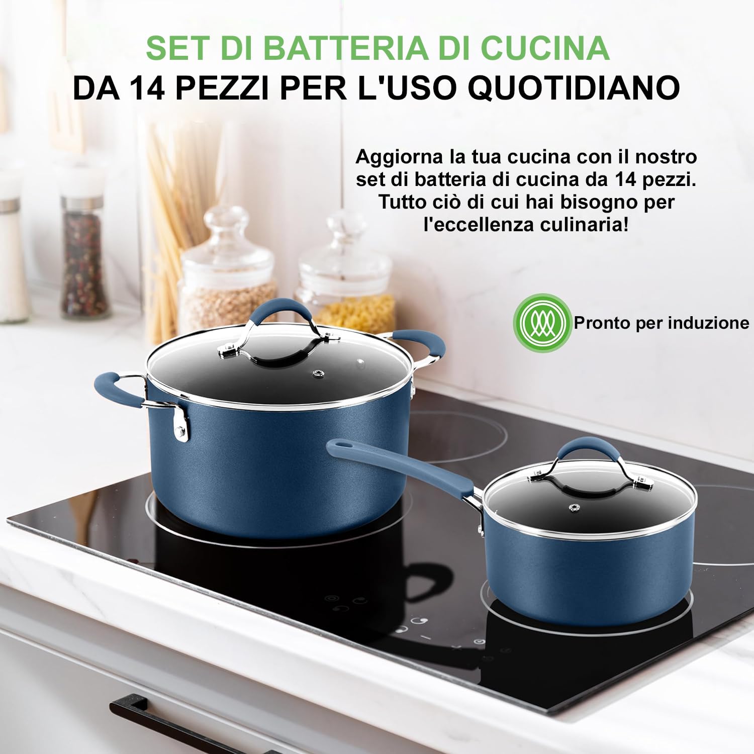 NutriChef Set di 14 Pentole e Padelle Antiaderenti, Set di Utensili da Cucina di Base di Alta Qualità, Padella Antiaderente, Alluminio, Blu