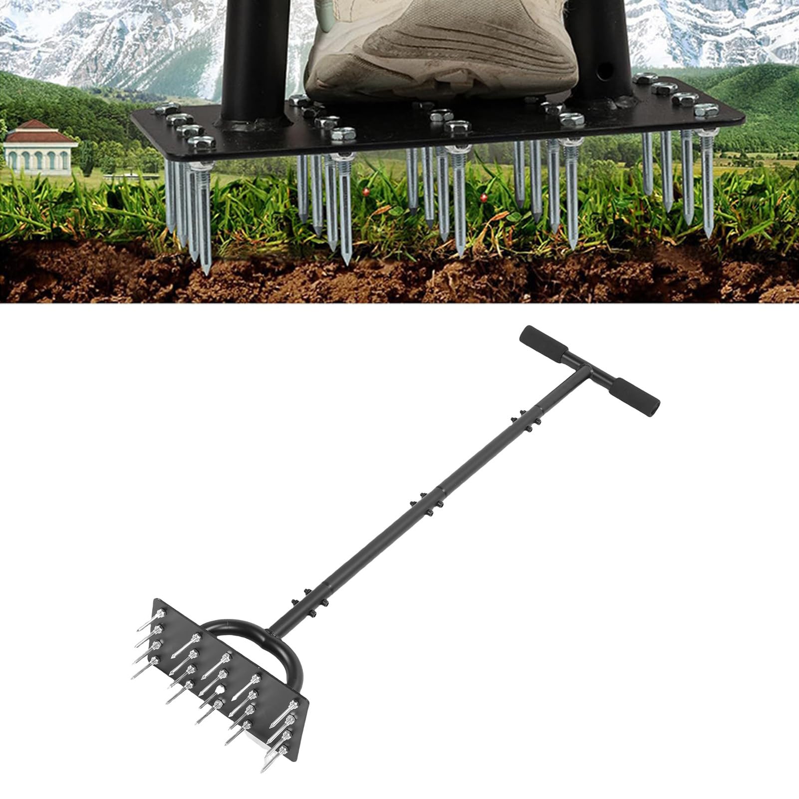 Aérateur de Pelouse Puissant, 20 Pointes, Outil Manuel pour Cour, Conception Ergonomique, Construction en Acier de 34.6 Pouces