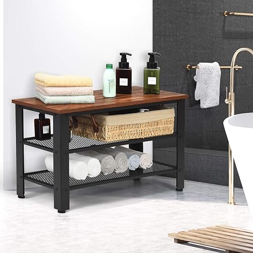 Miniatura 9 de Giantex Zapatero de 3 niveles, banco de zapatos industrial con 2 estantes de almacenamiento de malla y asiento para entrada, puerta delantera,