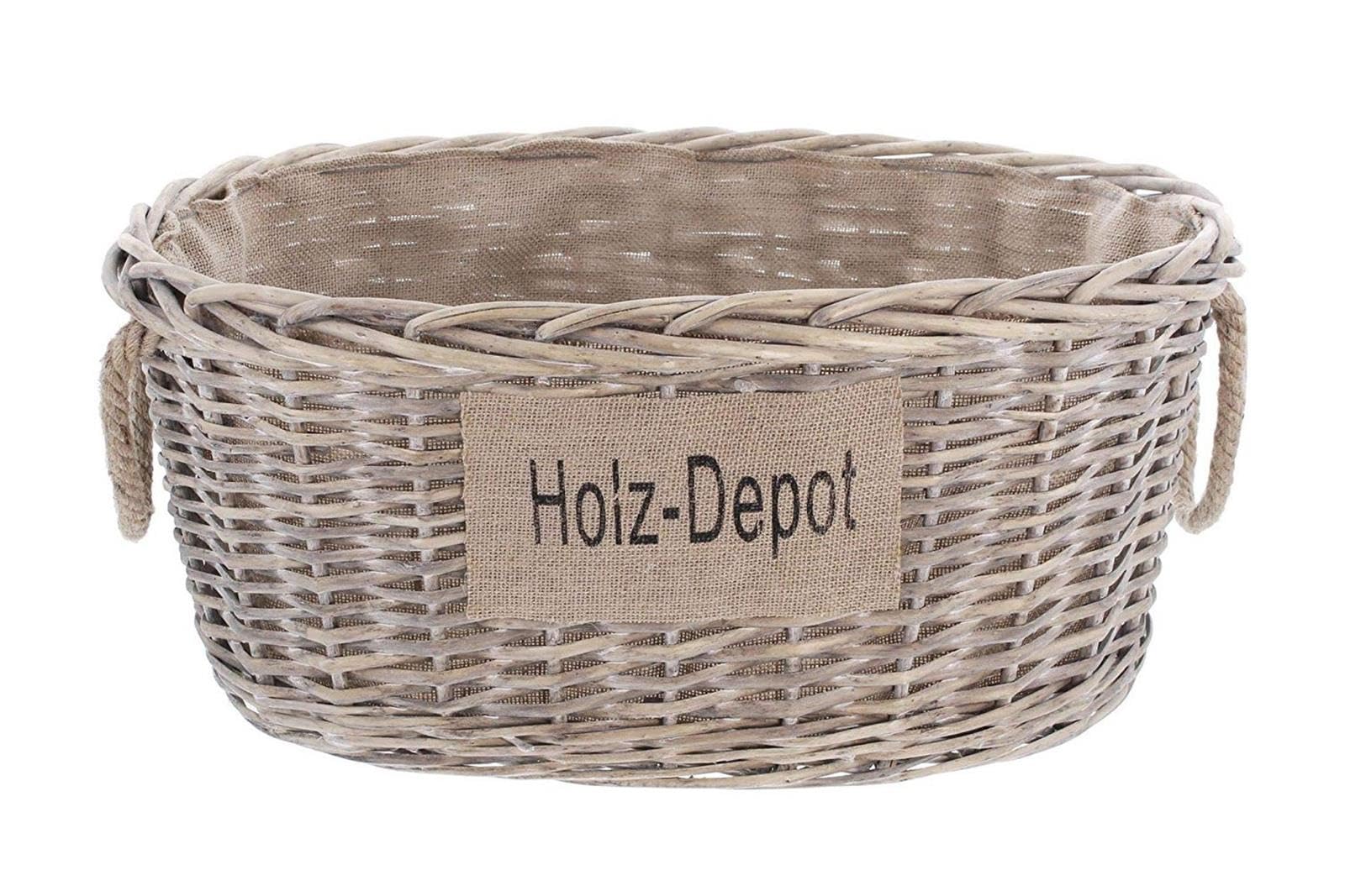 Dekoleidenschaft großer Aufbewahrungskorb aus Weide im Shabby Look, Feuerholzkorb, Brennholzkorb (mit Stoffpatch)