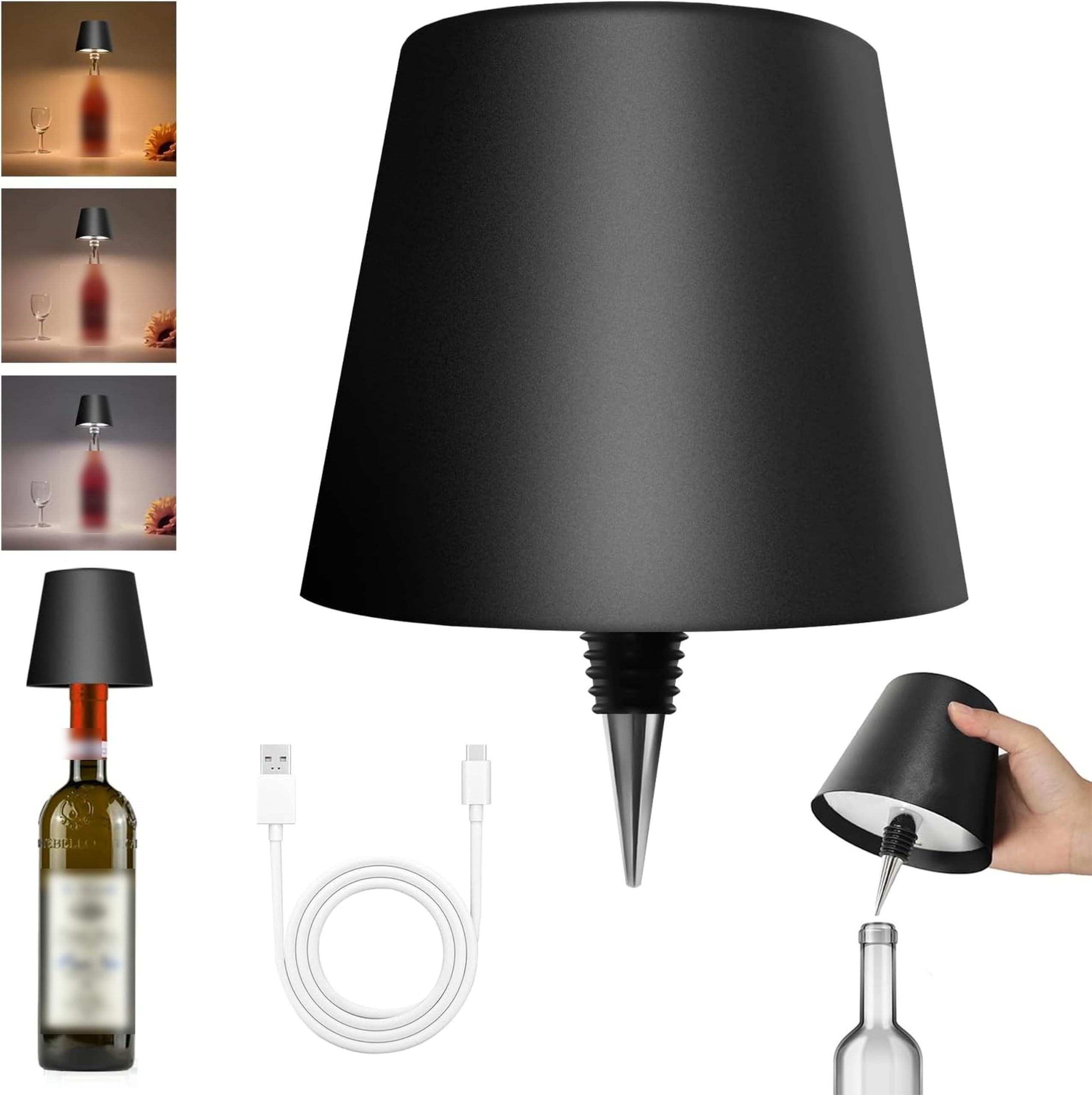 OSDUE Wireless Bottle Lamp LED 3 Colour Light Battery Desk Dimming Night Light Indoor Portable for Cafe Restaurant Home Living Room | 15 cm | Black | Long Lasting Battery-image-8