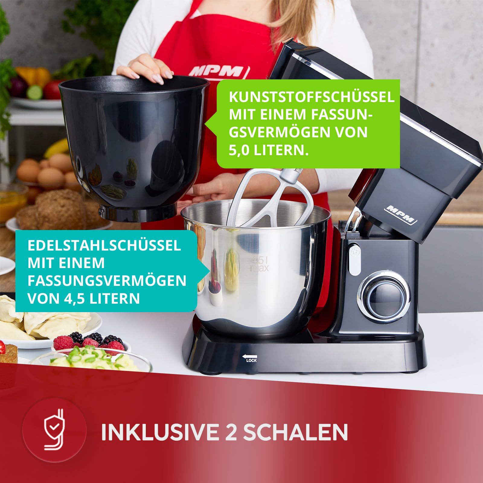 MPM Planetarna Maszyna Kuchenne MRK-24 – Wielofunkcyjny Mikser Kuchenny 4,5 l – Wszechstronne Urządzenie Kuchenne 1400 W – Dwie Misy – W zestawie Maszynka do Mięsa i Blender