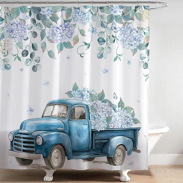 Mocsicka Blue Flower Shower Curtain Dusty Watercolor Hydrangea Shower Curtain Set for Bathroom Farmhouse Truck Bathroom Decor Waterproof Bath Curtain with Hooks (Blue, 71x71 inch)