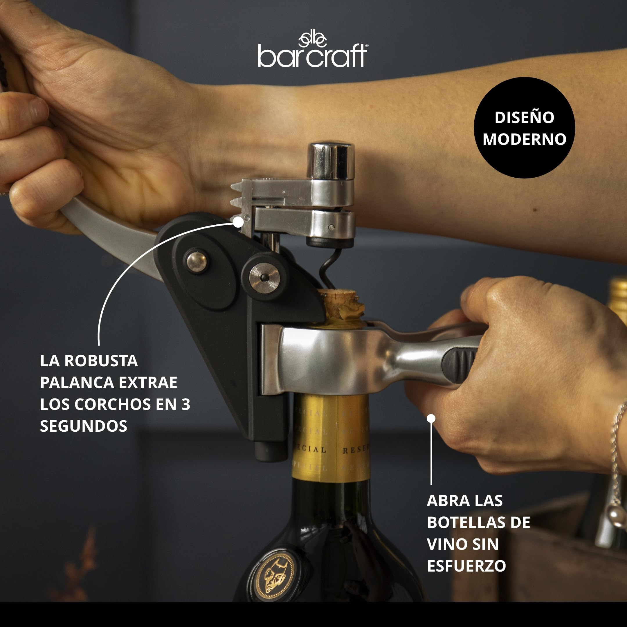 BarCraft Sacacorchos de palanca y Abridor de botellas de Vino con Tapón de Botella, Cortador de Lámina y Gusano Antiadherente de Repuesto, 1 Kit con Caja de Presentación, Brillo Metálico