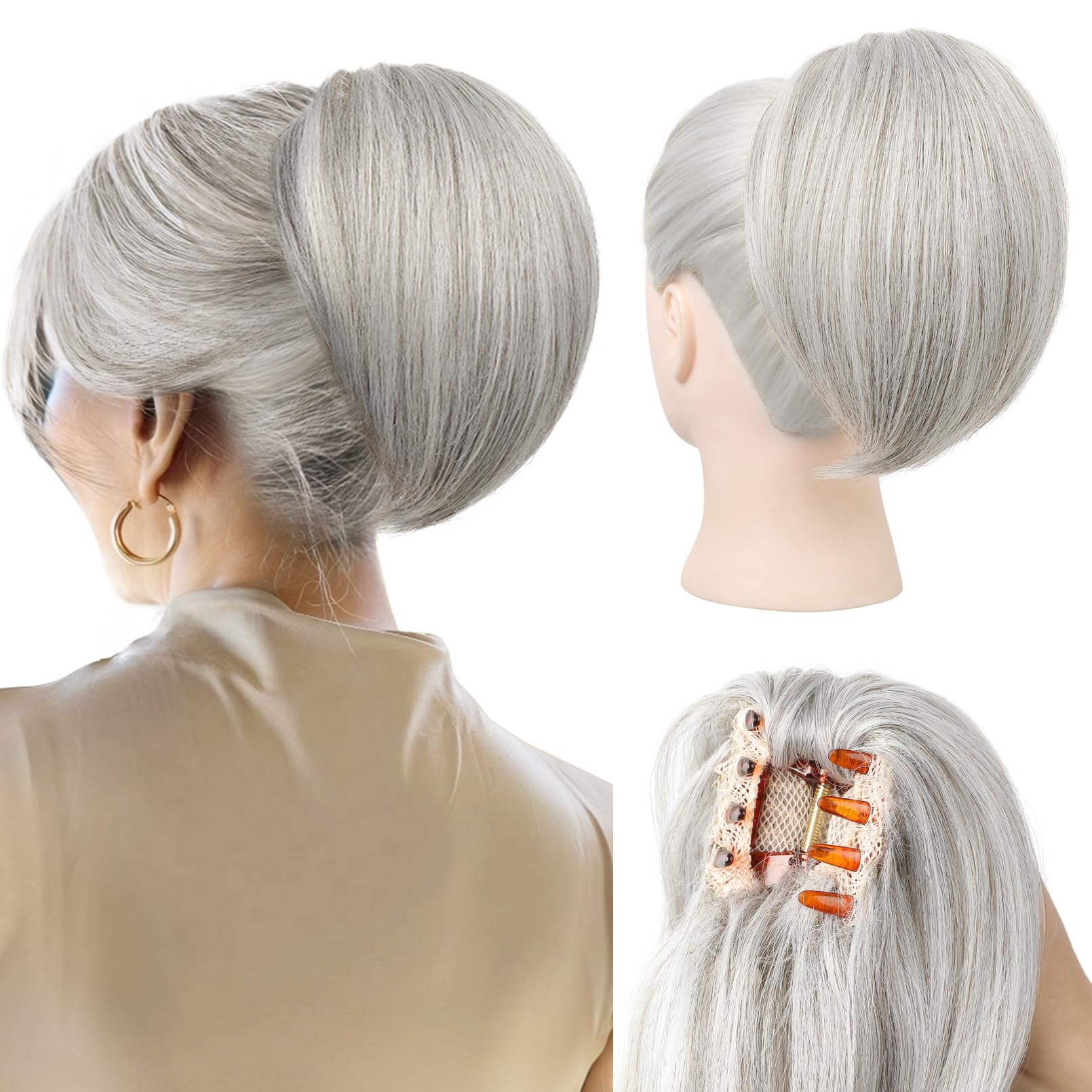 Photo 1 of REECHO Ponytail Extension, 8" Short Mini Claw Clip Pony Tail Hair Extensions Natural Soft Feather-Light Tension-Free Ponytail Hairpiece for Women with Short Fine Thin Hair - Silver Grey