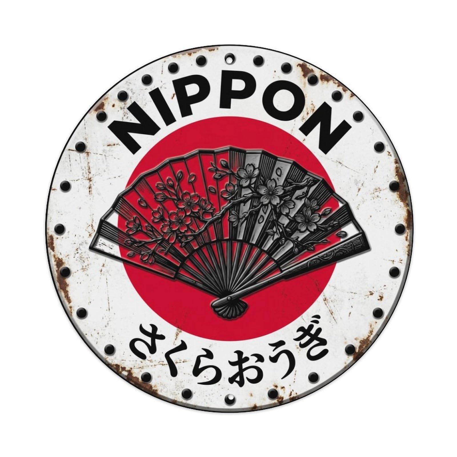 Fqnyr Style Metal Tin Sign Cherry Blossom Fan Nippon Sakura Pattern Aged