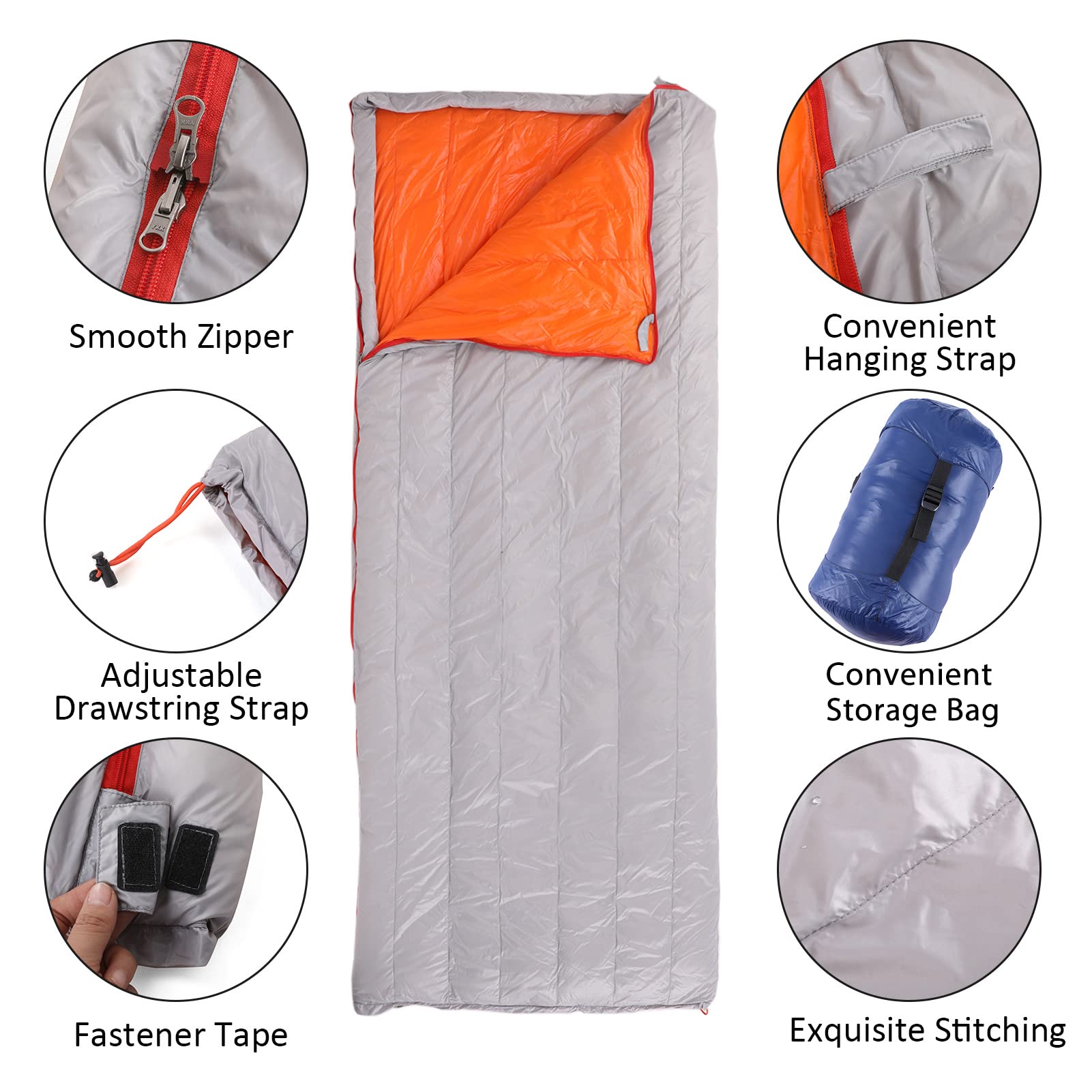 Saco de dormir ultraligero de plumón de ganso 90 con almacenamiento para senderismo, camping, mochileros, montañismo, ligero, cálido, clima frío