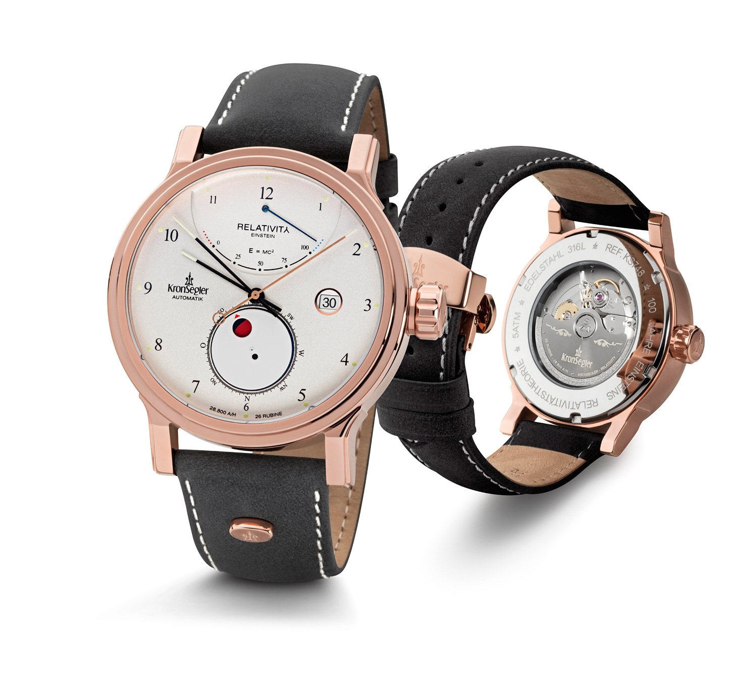 Kronsegler Einstein - Relativity Rosé Weiß - Herrenuhr Automatik | Automatikuhr 43mm mit Saphirglas | Gangreserveanzeige, Lederband