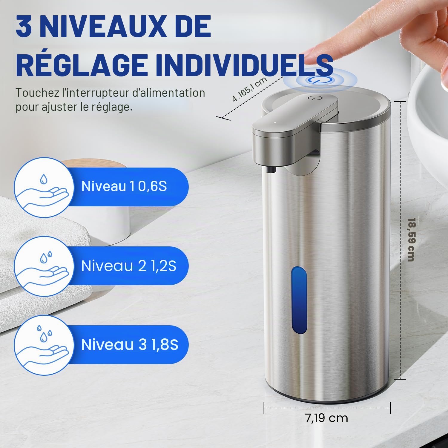 Fantictas Distributeur de savon automatique sans contact, en acier inoxydable, 3 niveaux, réglable à 3 niveaux, avec pompe à capteur rechargeable, pour savon liquide de cuisine et de salle de bain
