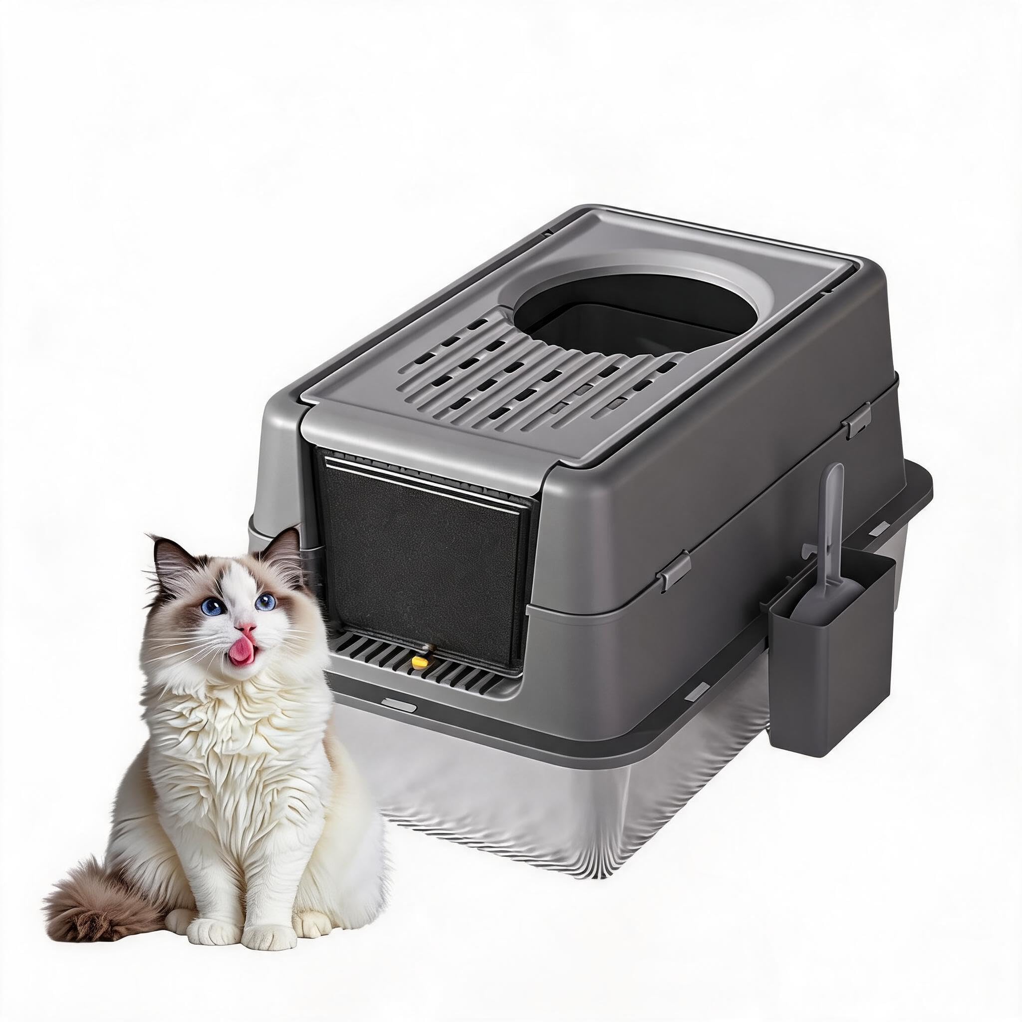 GarveeLife XL Edelstahl-Katzentoilette mit Haube – Schublade & Klapptür – hohe, auslaufsichere Wanne – geruchsarm, leicht zu reinigen, inkl. Schaufel – Schwarz – 60×40×43,5 cm (20 cm Wanne)