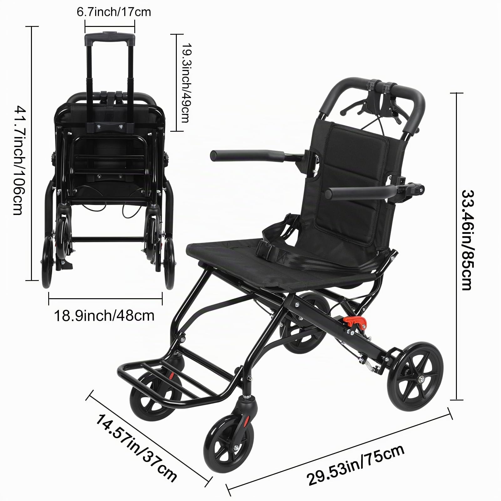 Faltbarer Rollstuhl, leicht, tragbar, Reisestuhl für Erwachsene, ergonomisches Design, Rollstuhl mit verstellbarem Sicherheitsgurt, PU-Räder für reibungsloses Fahren (Schwarz)