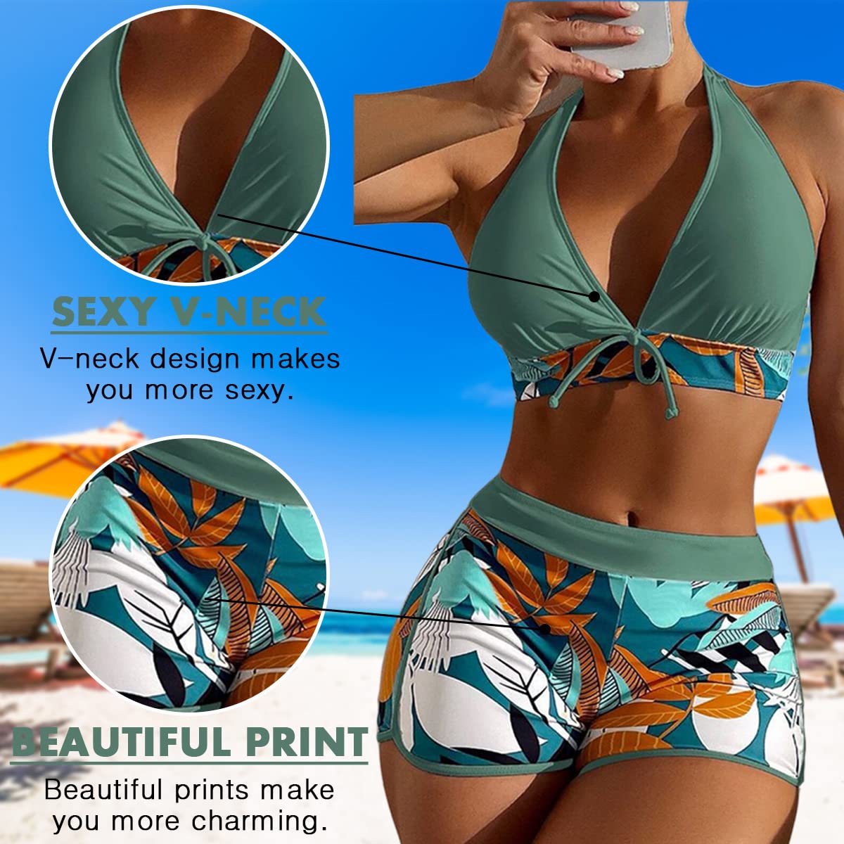 Maillot de Bain Femme 2 Pièces - Ensemble Bikini Taille Haute Rembourré Push Up - Short Uni
