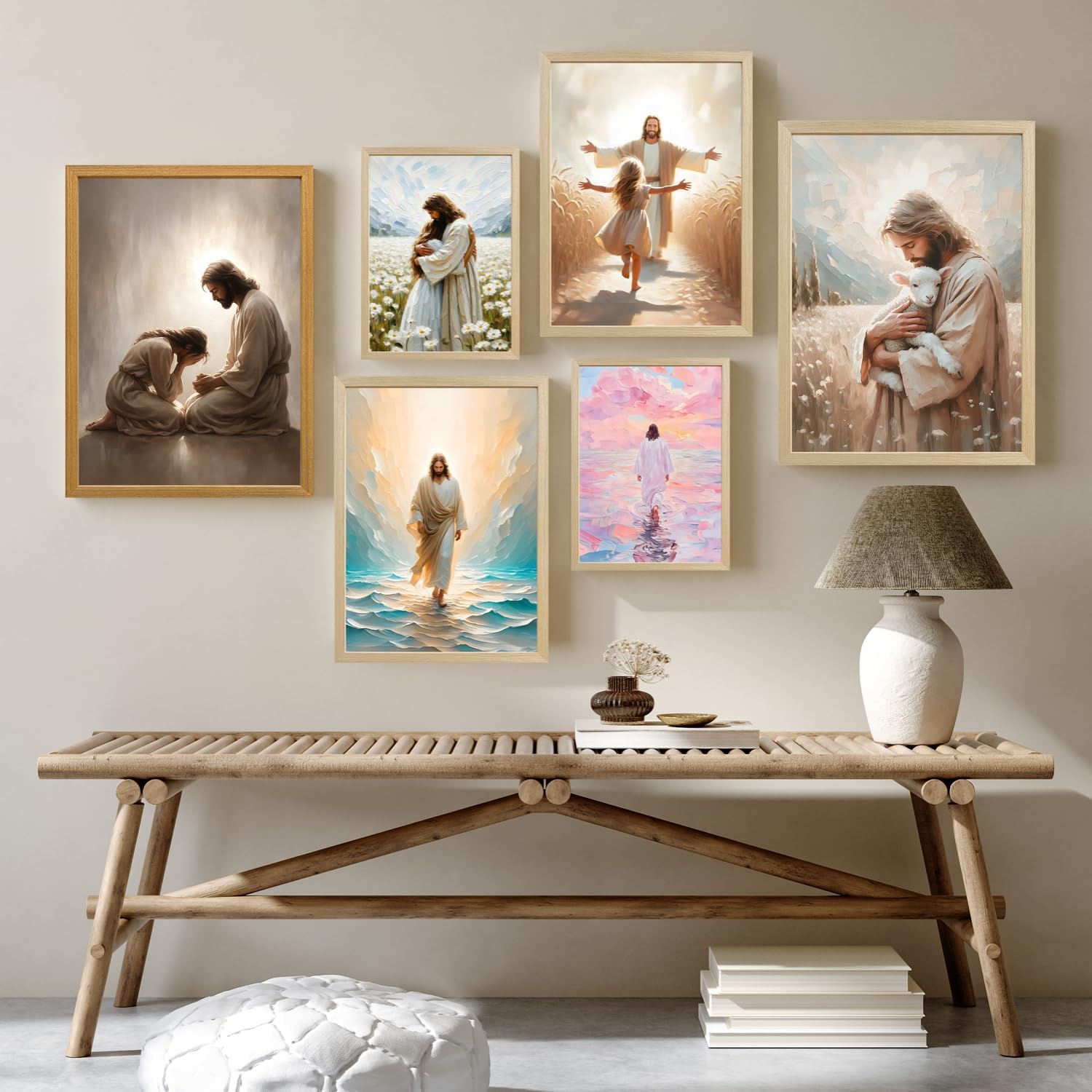 FASWQ Wood Framed Jesus and Lamb Wall Art, Jesus the Good Shepherd Wall Decor, Religious Christian Canvas Painting, Bible Faith and Scripture Poster Print for Church LDS Bedroom Living Room, 12x16 Inch
