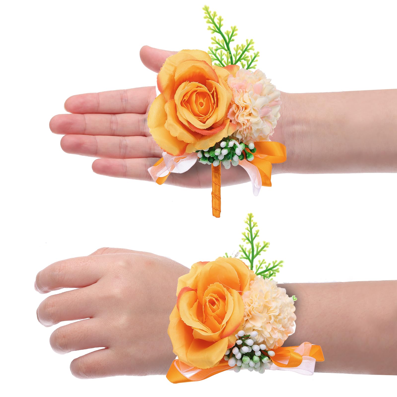 sourcing map Rose Flower Wrist Corsage and Boutonnieres Set, Bride Artificial Flower Bracelets Boutonnieres for Men for Wedding Ceremony Prom Party Anniversary, Orange โ image 1