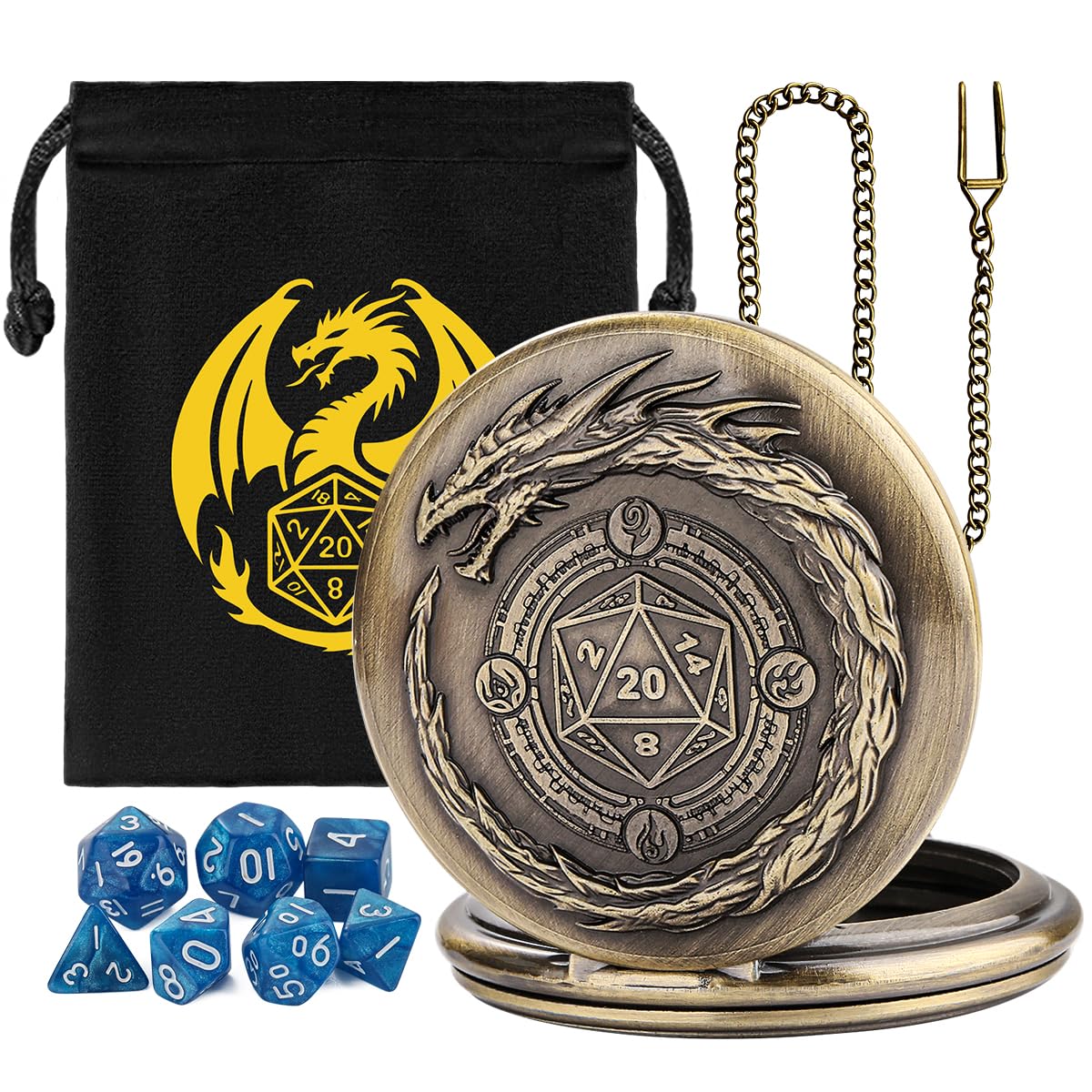 Mini DND Dice Set, 7pcs Polyhedral Acrylic Dice Set, with Steampunk Dragon Large Pocket Watch Case, DND Starter Set, DND Gift Bag with Dragon Logo, Role Play Board Game Accessories, Bronze + Blue โ image 1