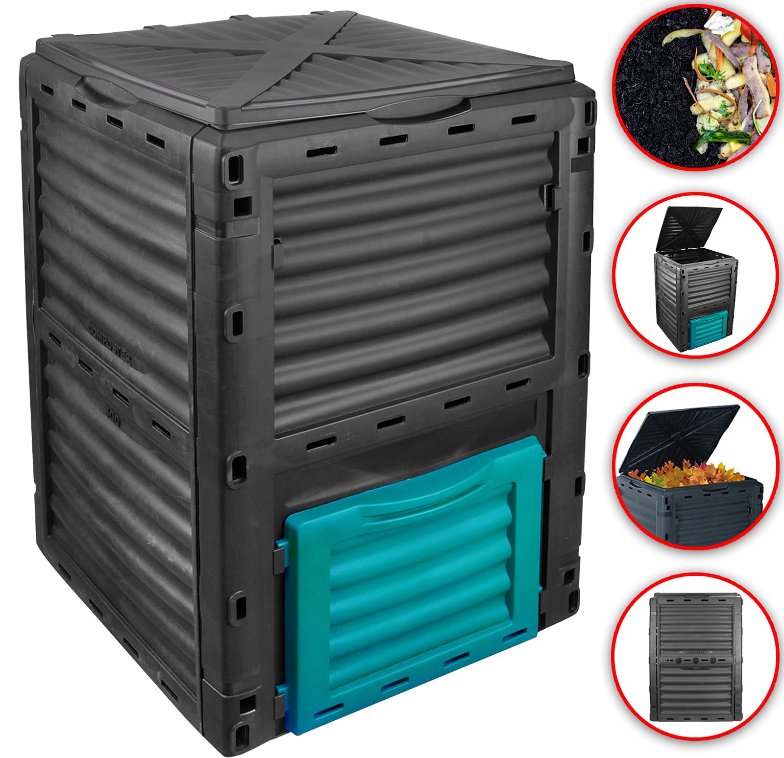 DMS® KP-300 kompostownik ogrodowy, termiczny, 300 litrów, z tworzywa sztucznego, odporny na warunki atmosferyczne, 82 x 61 x 61 cm, czarny/niebieski