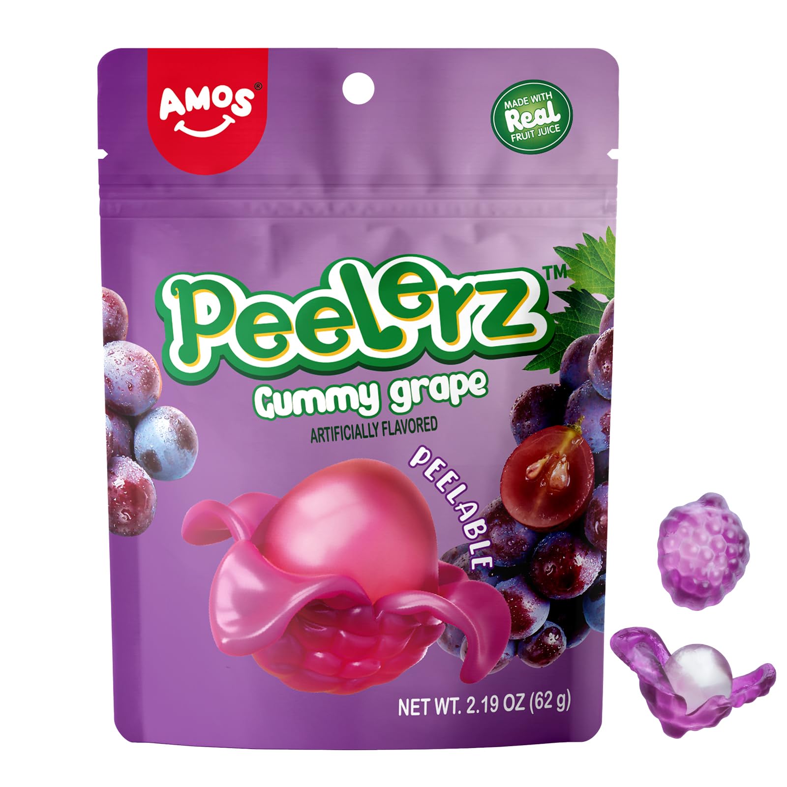 AMOS Grape Peelerz Gummy Candy, Peeling Gummy Grape Gift Candy Resealable 2.19oz Bags (1 Pack)