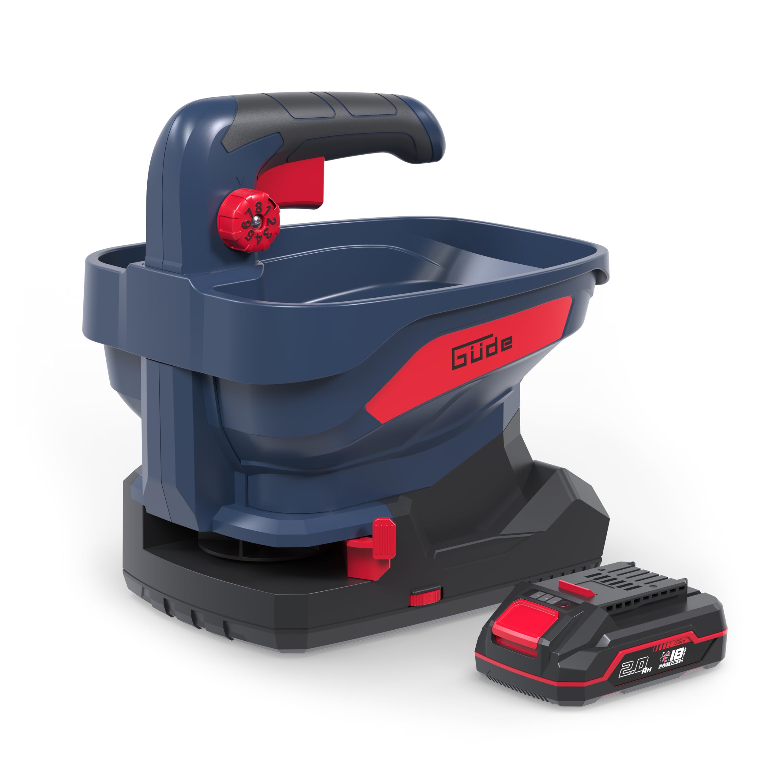 Güde Akku Universalstreuer GUS 18-201-05 (18 V, Li-Ion, 5 m Streubreite, 6 Geschwindigkeitsstufen, 8 Streumengenstufen, 6 Streubreitenwinkel, 3,3 Liter Fassungsverm., inkl. 2 Ah Akkupack & Ladegerät)