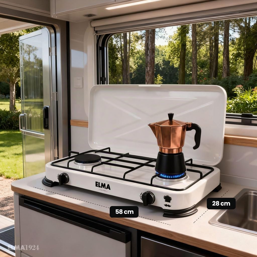 ELMA Réchaud à Gaz avec 2 Brûleurs Compatible avec le gaz Butane et Propane I Réchaud de Camping Portable I Comprend les Instructions de Montage I 58 x 25 x 5,4 cm