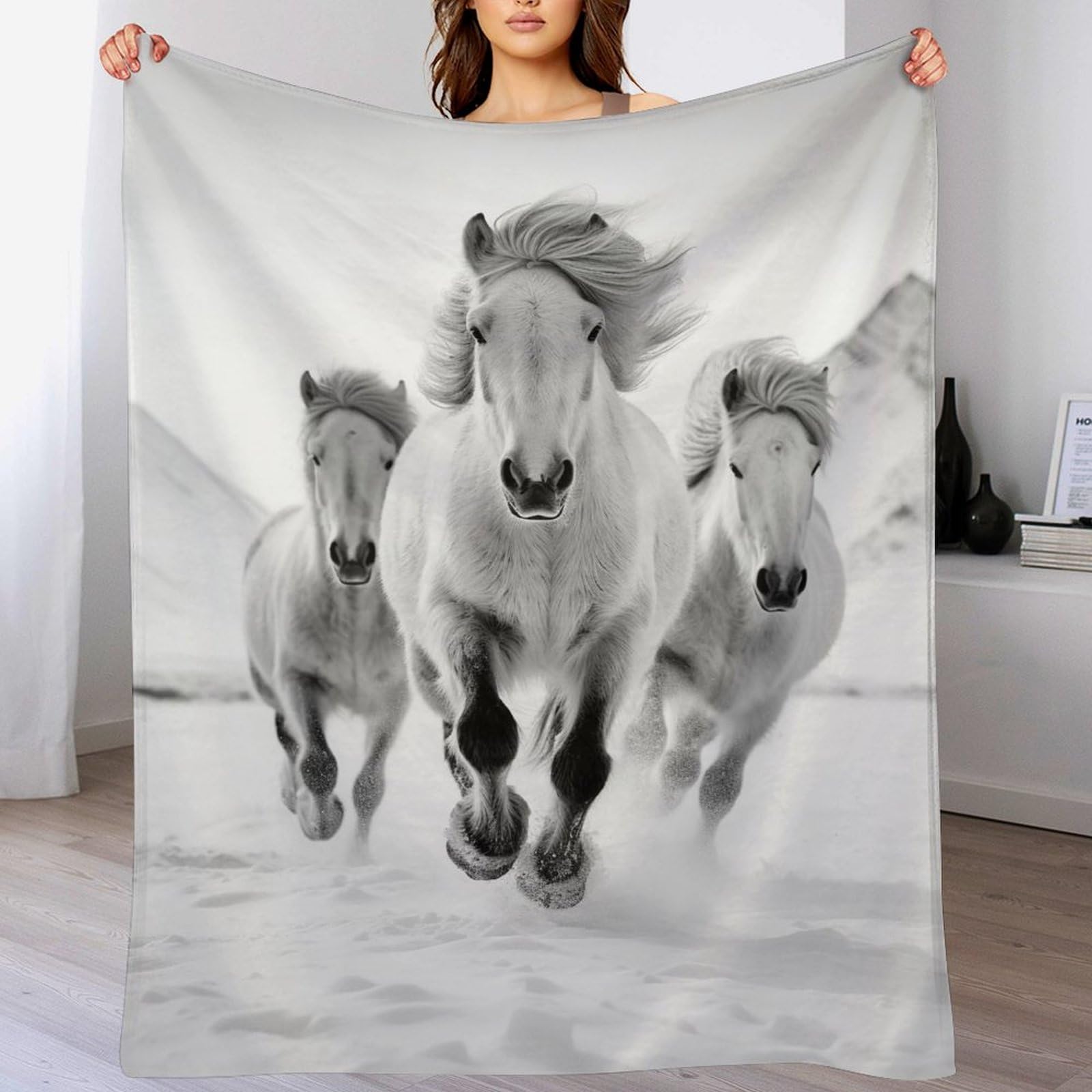 Couverture flanelle cheval 150x200cm grand plaid doux toutes saisons