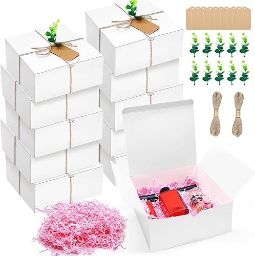 Juego de 10 cajas de regalo para propuestas de dama de honor, 8 x 8 x 4 pulgadas, 10 etiquetas de regalo de papel kraft, 10 tallos de hojas de