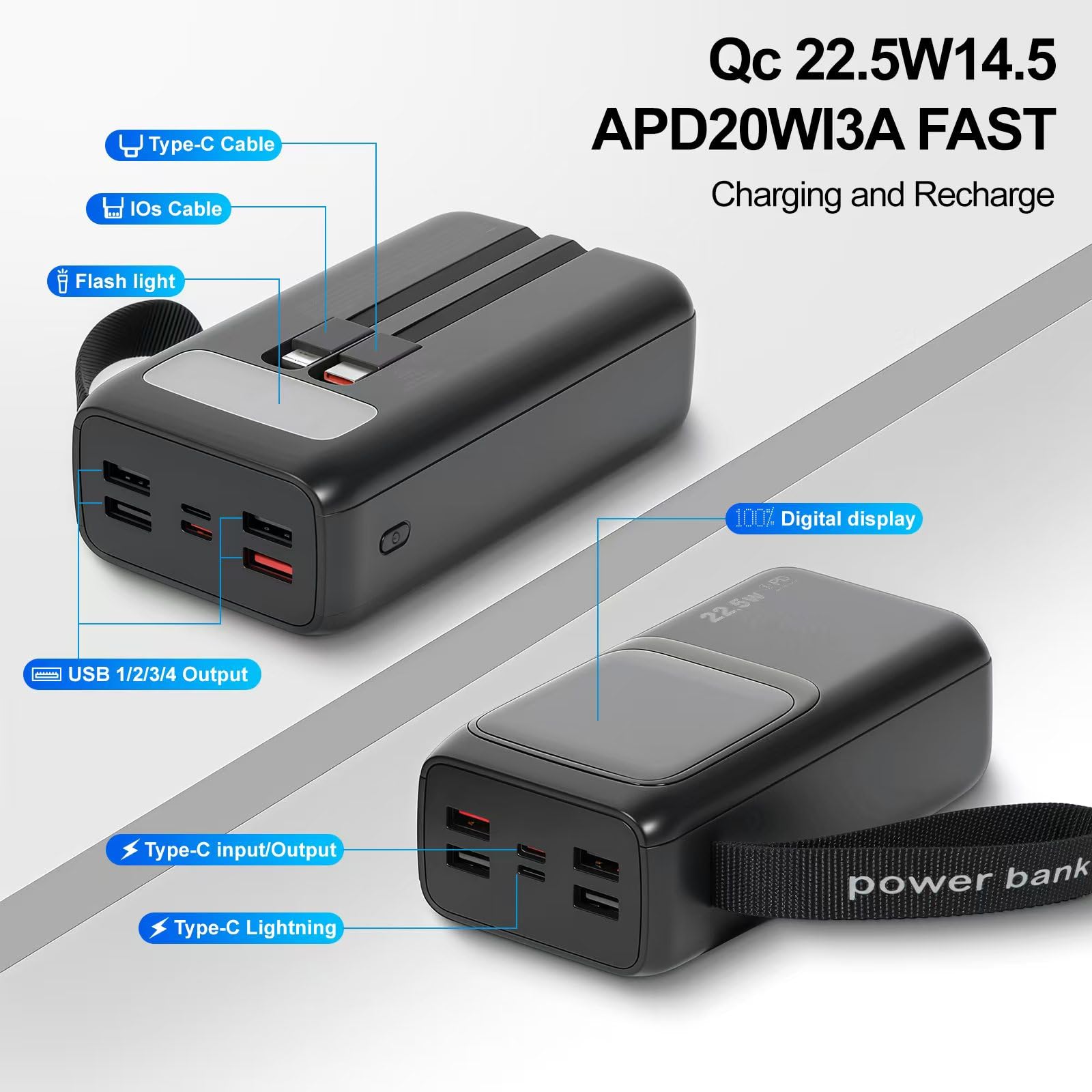 Batterie Externe 30000 MAh 22,5W Charge Rapide - 6 Ports USB C Et USB-A - Noir