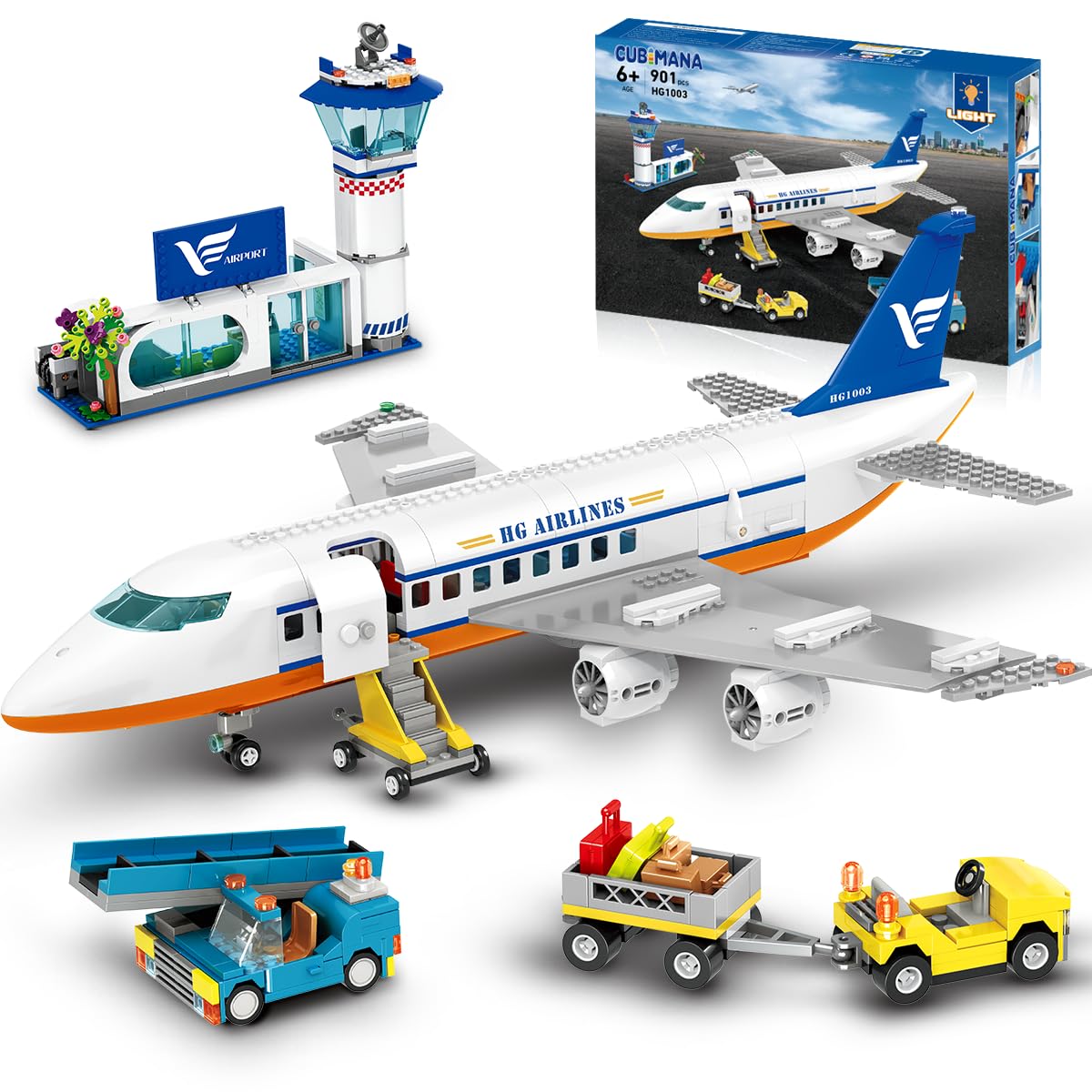 CUBIMANA 901PCS Flughafen Bauspielzeug | Großes City Passagierflugzeug Bauset mit LED-Licht, 2 Gepäckwagen, Terminal & Radarturm | Kreativspielzeug, Geburtstagsgeschenk für Kinder 6-12 Jahre
