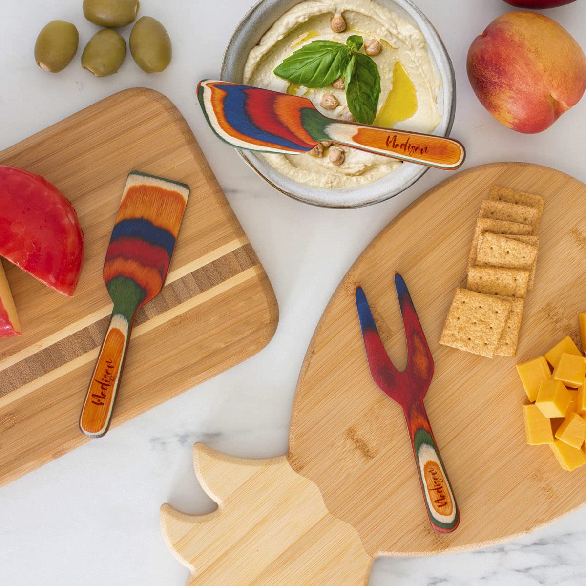 Sofia's Findings Personalized 3-Piece Colored Birch Wood Cheese Tool Set