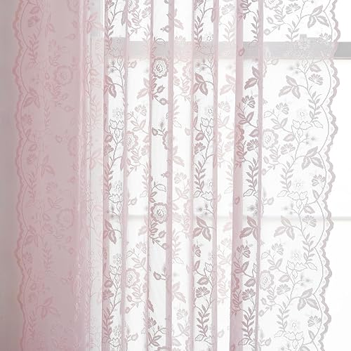 Miniatura 5 de FINECITY Cortinas de encaje rosa de 84 pulgadas de largo, cortinas traslúcidas de encaje con diseño floral rústico, juego de 2 paneles para