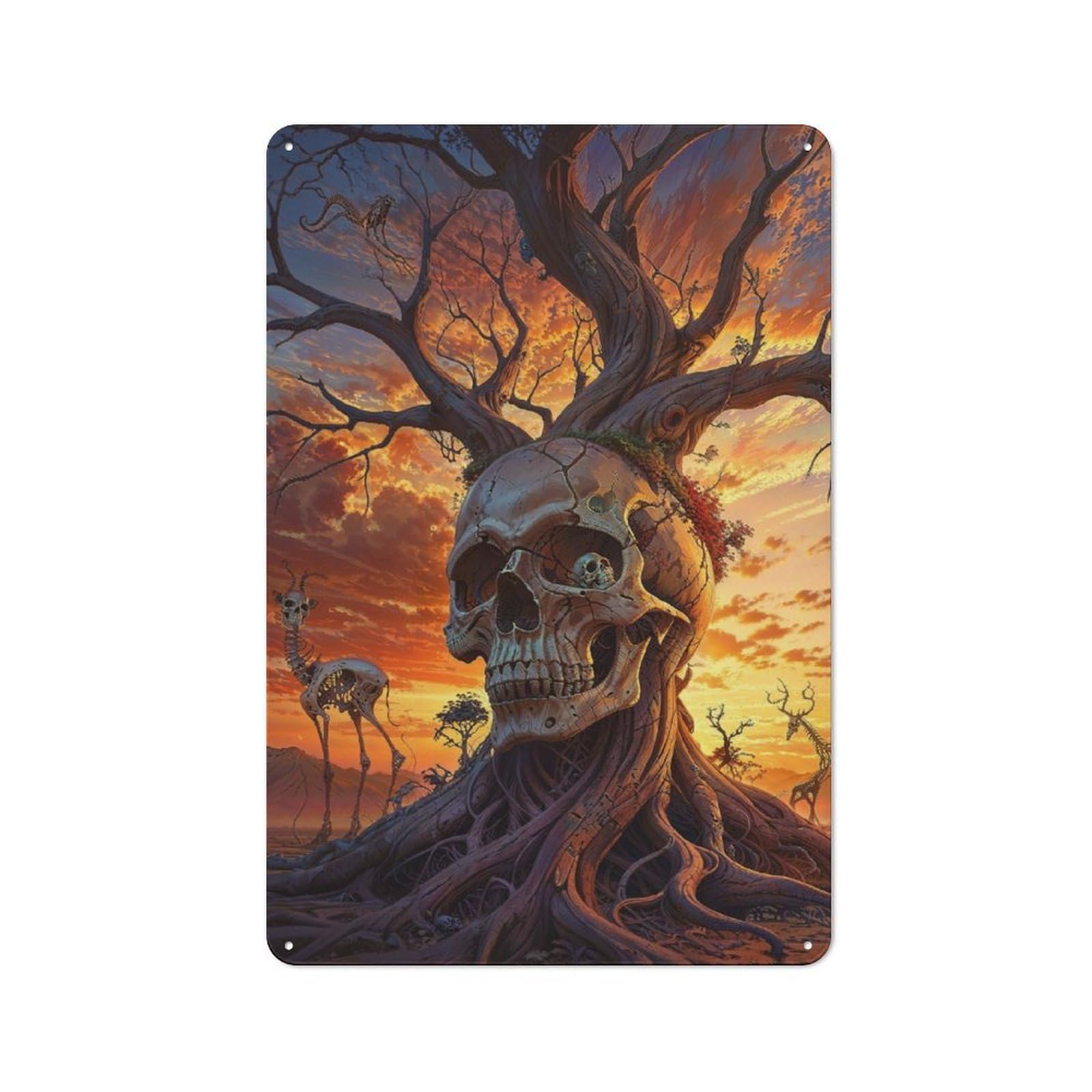 Junmoney Surreal Sunset Skull Tree Vintage Metal Sign 30X20cm For Guest Room Or Hallway, Suited To Guest Room Decorators