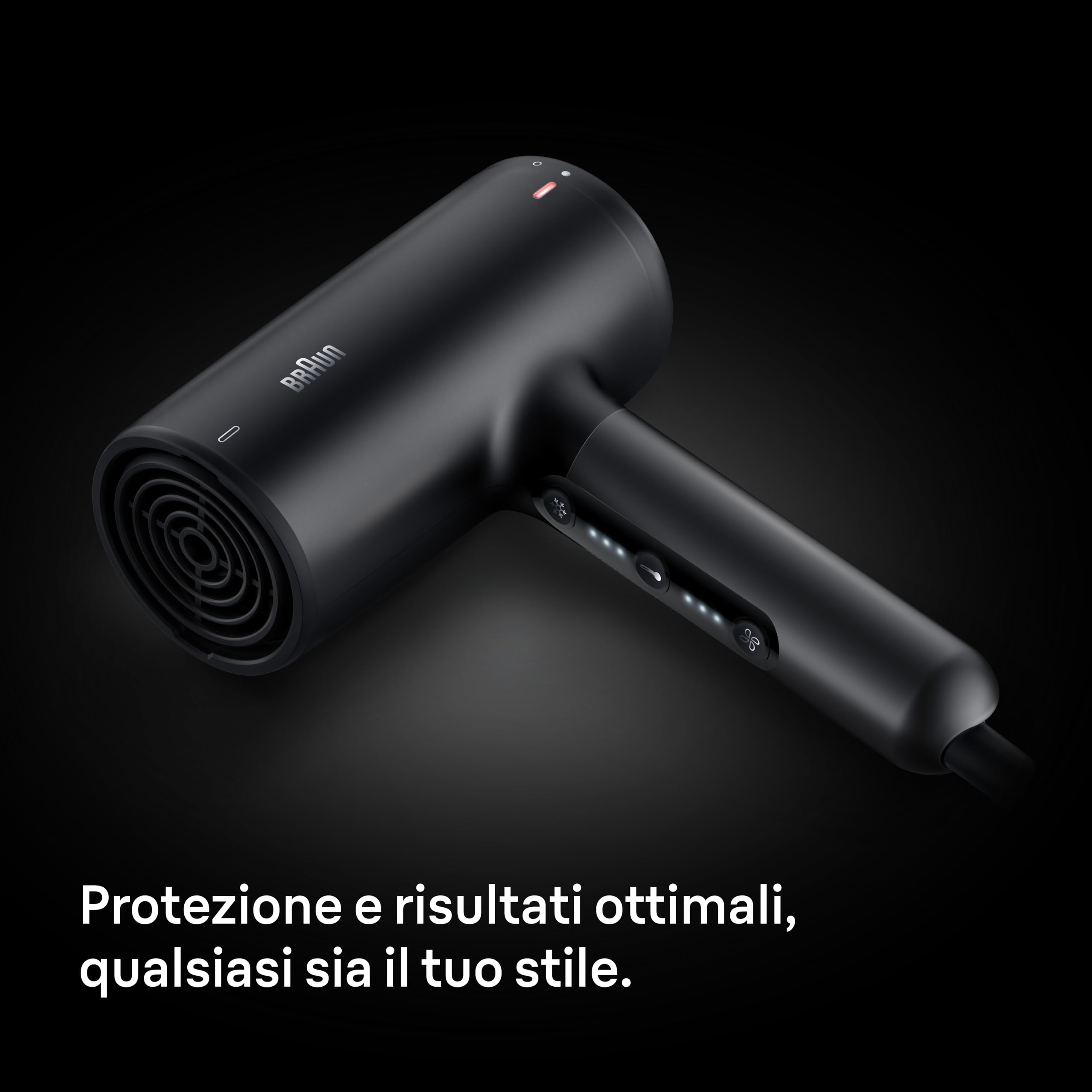Asciugacapelli Braun HD4.2, alte prestazioni, diffusore e concentratore, Super IONTEC, motore HTDC 2100W, 3 temperature e 3 velocità, Satin Black metallizzato, protezione, risultati ottimali, BRHD425E
