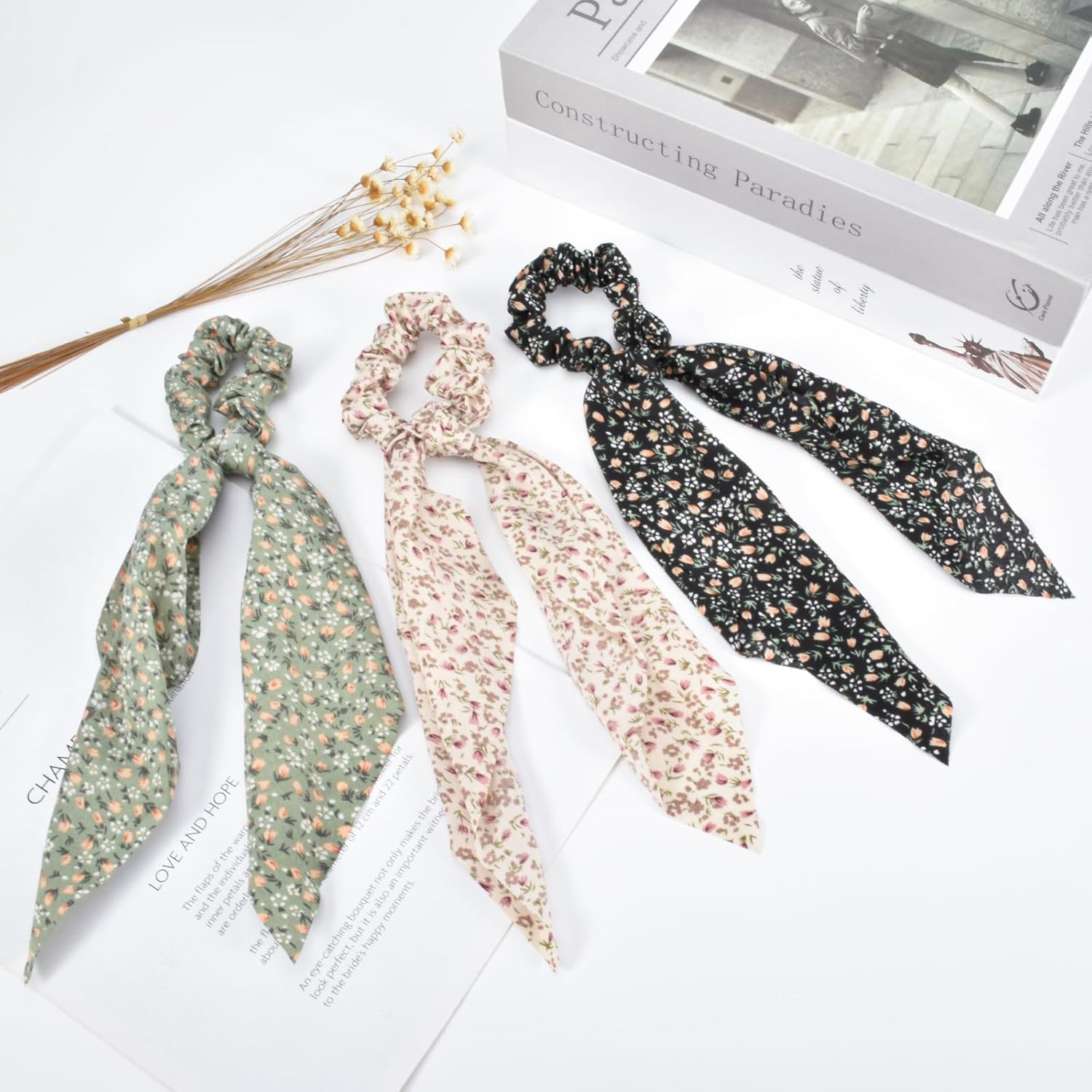 5-Piece Chiffon Classic Floral Bowknot Hair Ties, Elegant Hair Scarf Scrunchies Long Ribbon Ponytail Holders Head Bands, Elastic Vintage Bow Tie Hair Accessories for Ladies Women Girls - Image 5