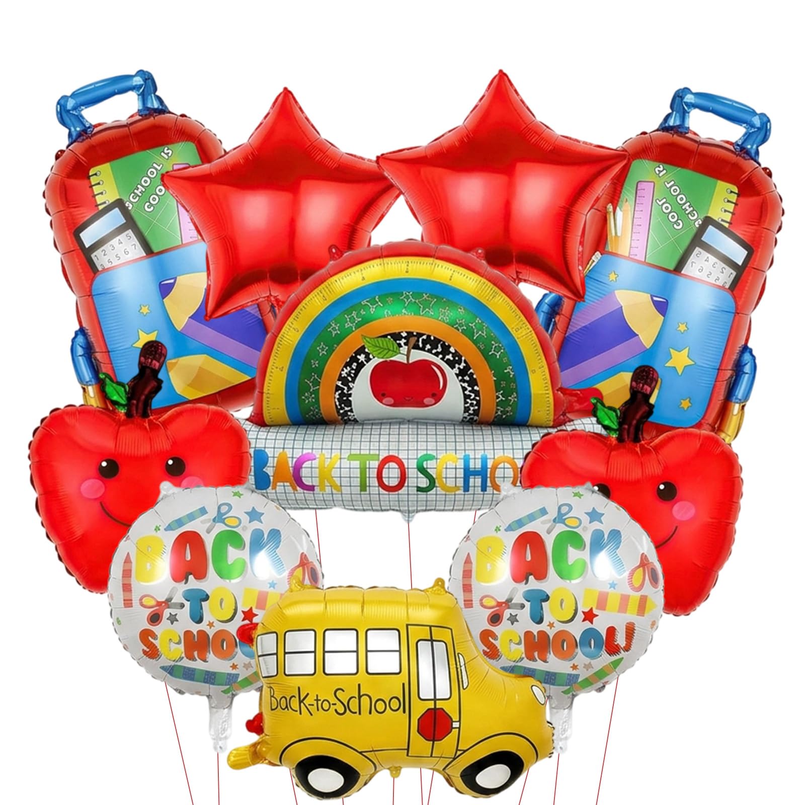 Back to School Balloons, First Day of School Balloons, 10 Piece Classroom Decorations Set with School Bus and Backpack Foil Balloons, Vibrant Rainbow and Apple Designs for Teachers and Party Planners