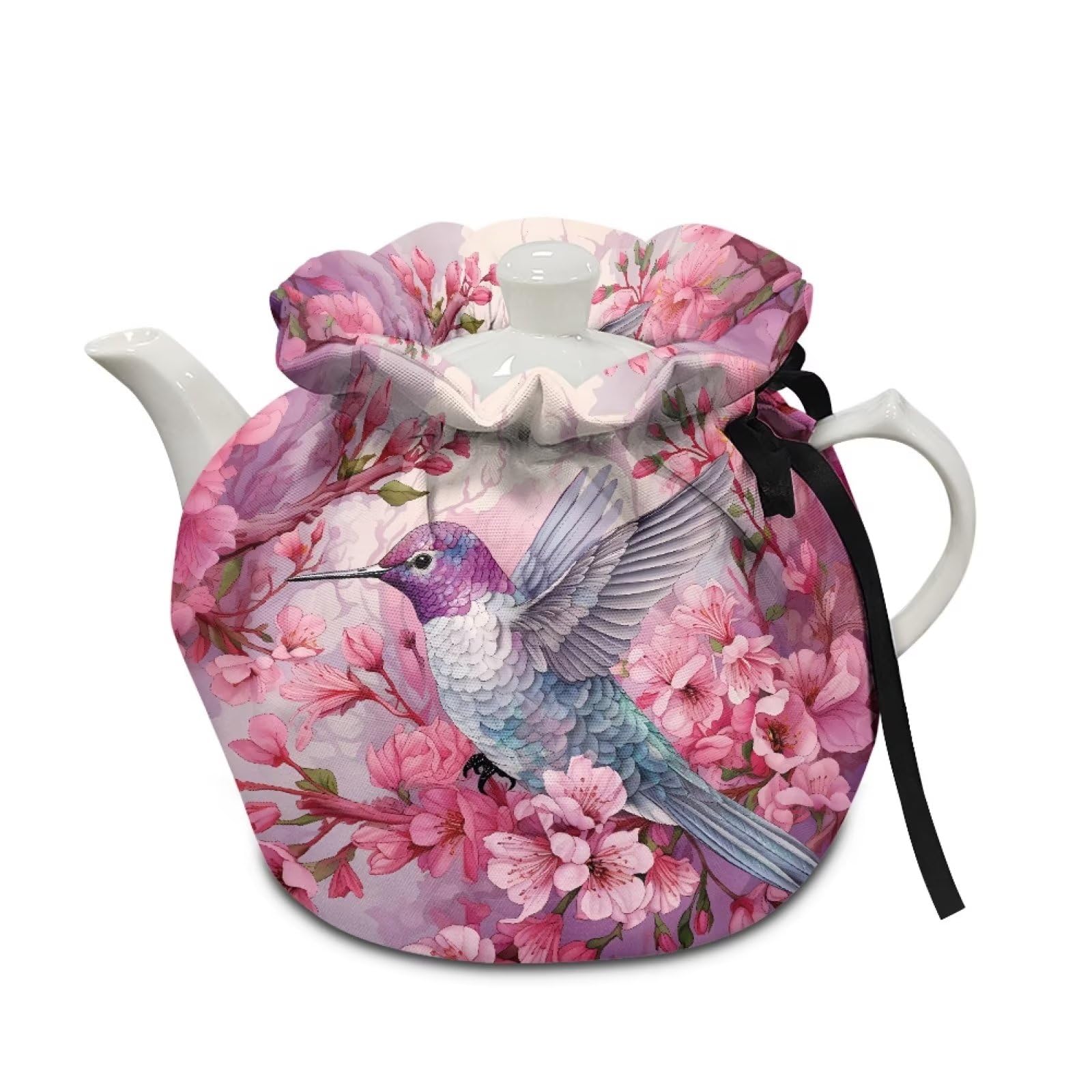 NETILGEN Teapot Cosy Tea Pot Cover Keep Warm Insulation Teapot Cozies Machine Washable Kettle Cover Breakfast Warmer Home Decor, Hummingbird Pink Flower