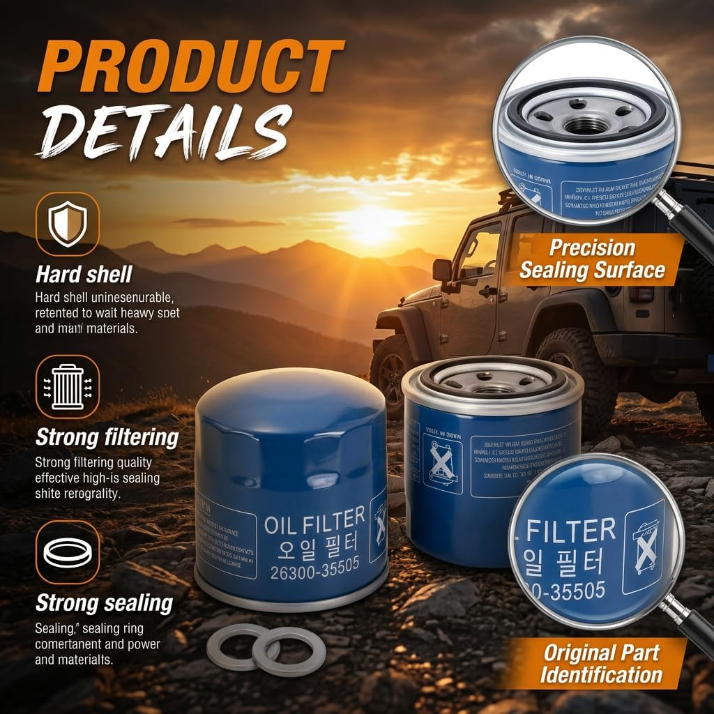 26300-35505 Engine Oil Filter with Drain Plug Gasket 21513-23001, 6 Pack - Replacement for Hyundai Elantra Tucson Santa Fe Sonata Kona, Kia Forte Seltos Sportage, Replaces 26300-35504