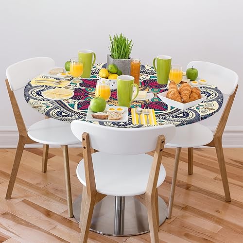 Miniatura 8 de Mantel ajustable de poliéster lavable con borde elástico, resistente a las manchas, resistente a las arrugas, mantel redondo de poliéster de 36 a 42