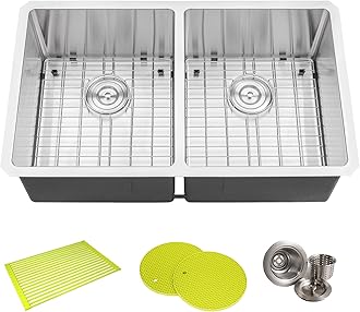 32 in. x 19 in. x 10 in. 16-Gauge Stainless Steel Undermount 50/50 Double Bowl Kitchen Sink with Bottom Grid, Silicon Dishrack, Pot Mat and Strainer