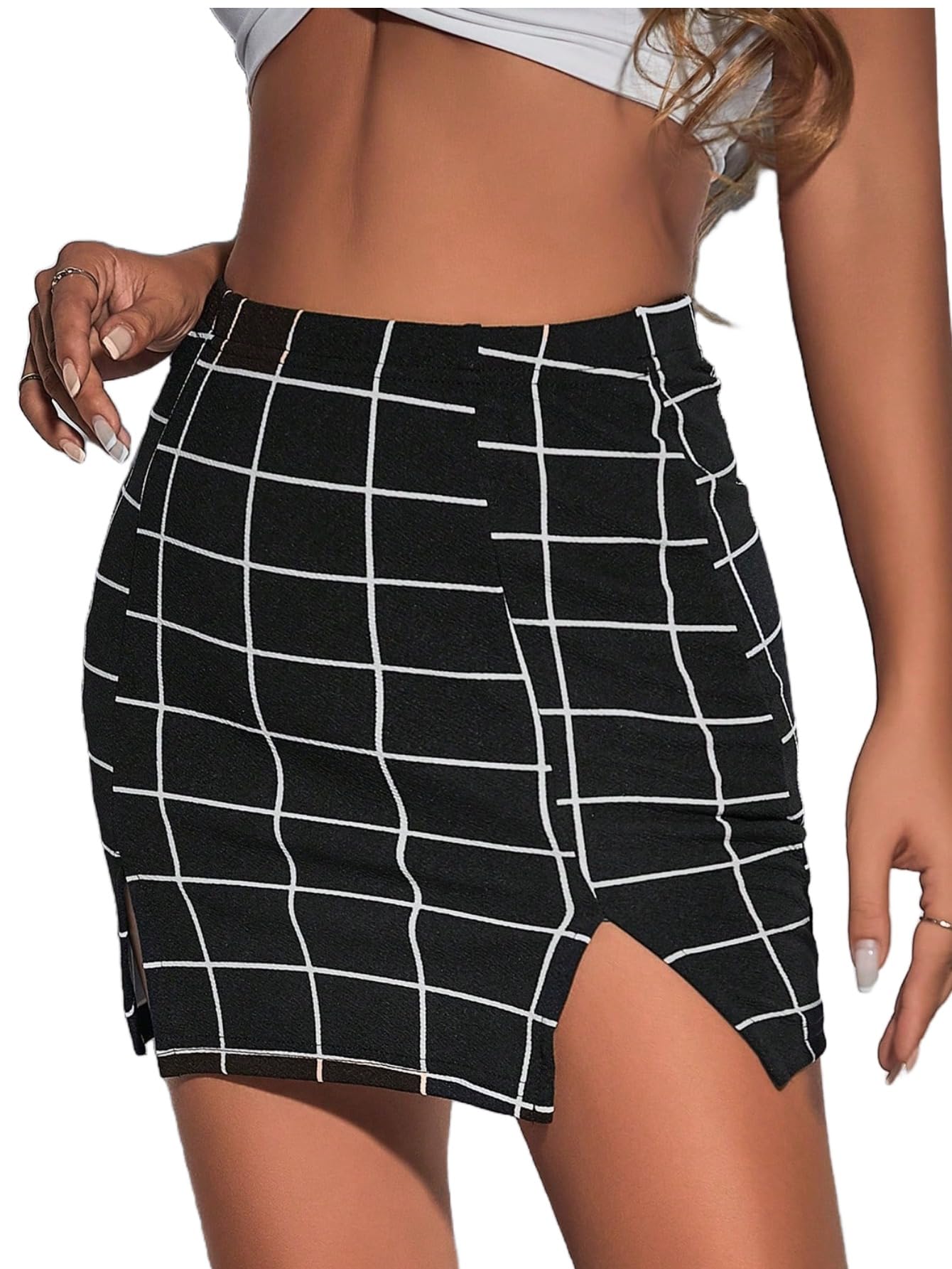 Milumia Womens Plaid Print High Waist Mini Skirt Split Hem Bodycon Casual Short Skirts