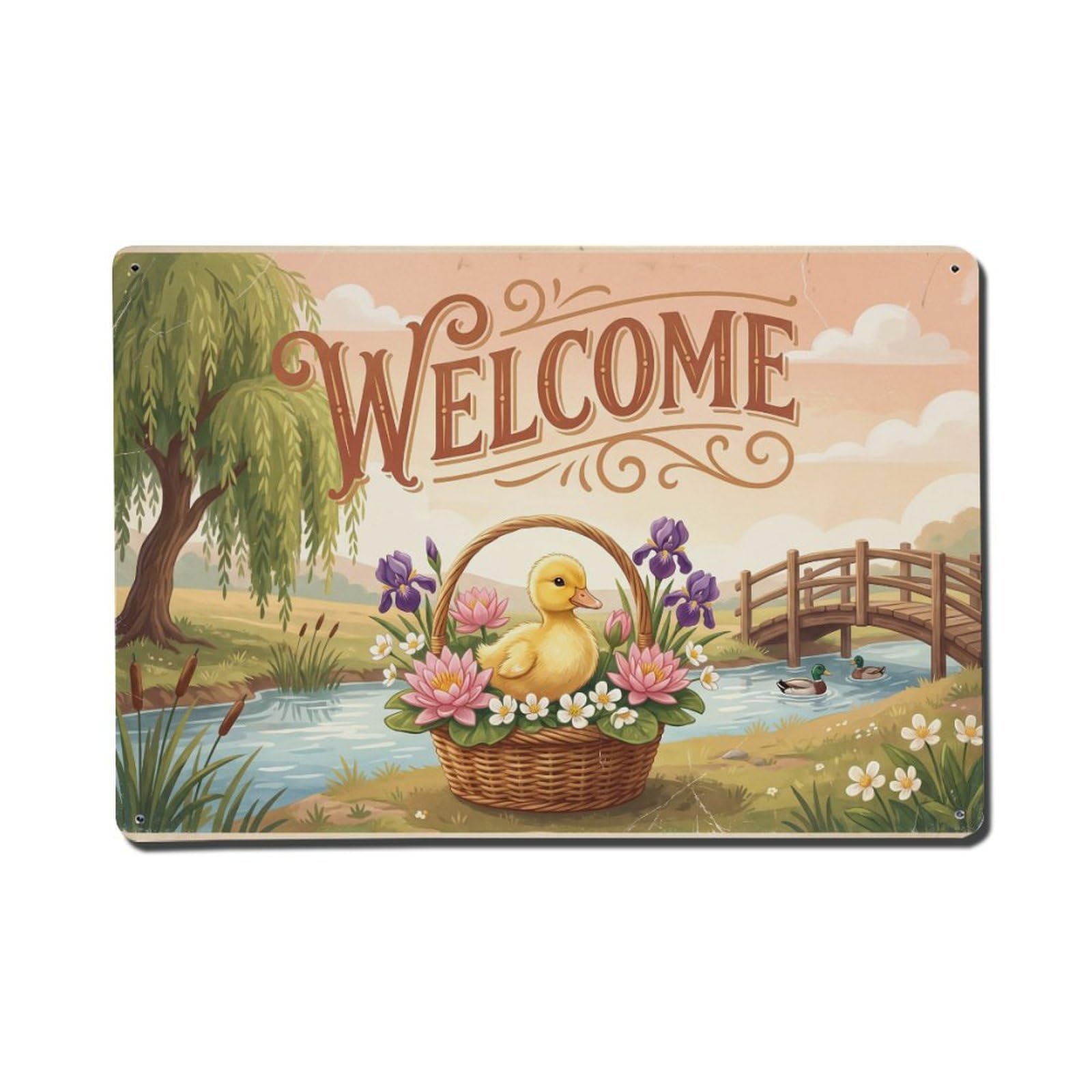 Vintage Welcome Duckling Flower Basket（1） Metal Tin Sign