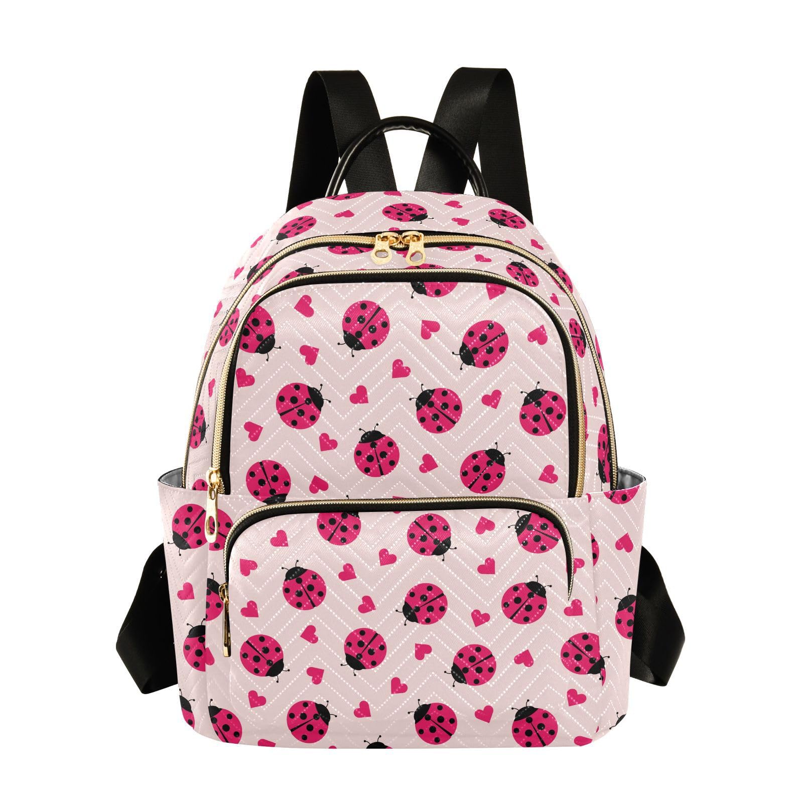 JHKKU Ladybug Hearts Women's Quilted Backpack Casual Lightweight Backpack Ladies Fashion Travel Handbag Shoulder Bags M