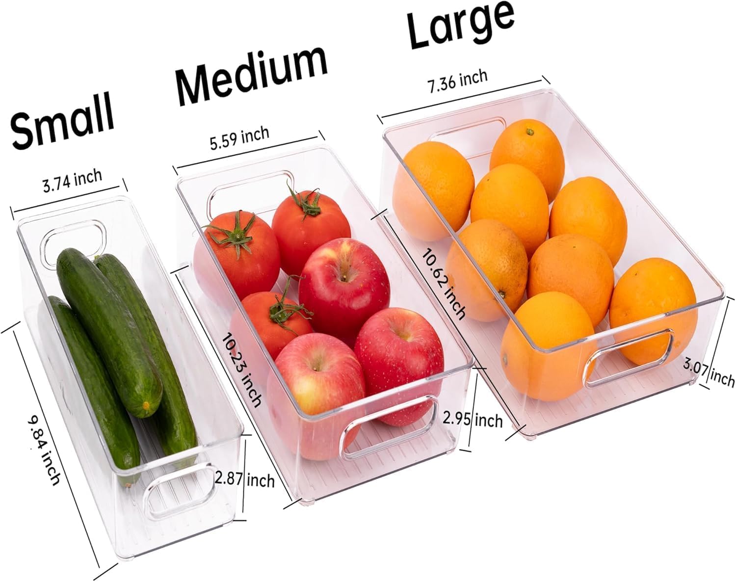 Paquete de 12 contenedores organizadores de refrigerador, 3 tamaños, apilables, transparentes, almacenamiento de despensa con asas para refrigerador, congelador, estantes, cajón